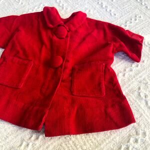 Vintage Handmade Red Corduroy Doll Jacket Snap Front Large Covered Buttons